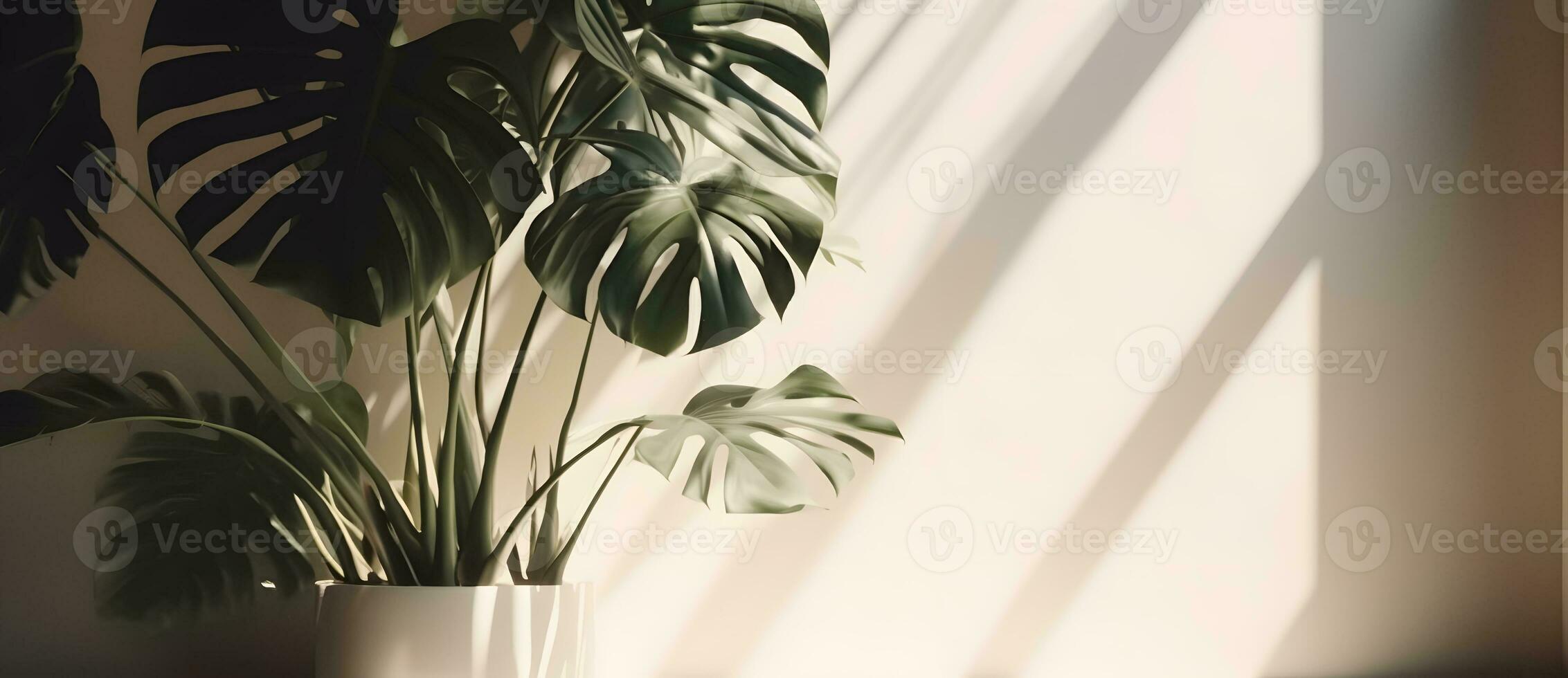 ai gerado monstera folha em bege pastel parede com janela luz sombras, 3d Renderização Cosmético produtos exibição brincar foto