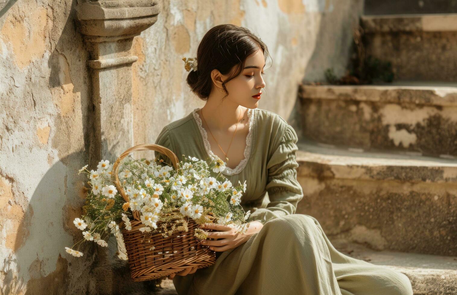 ai gerado uma jovem mulher sentado baixa com flores foto