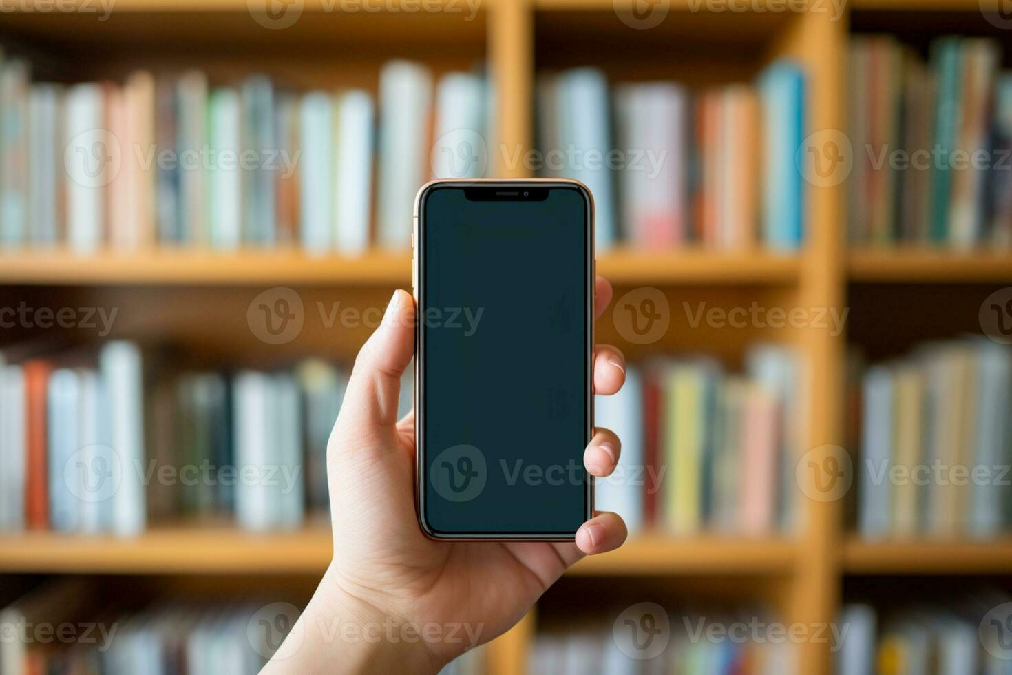 ai gerado uma do homem mão detém uma telefone contra a fundo do estantes de livros dentro natural luz foto