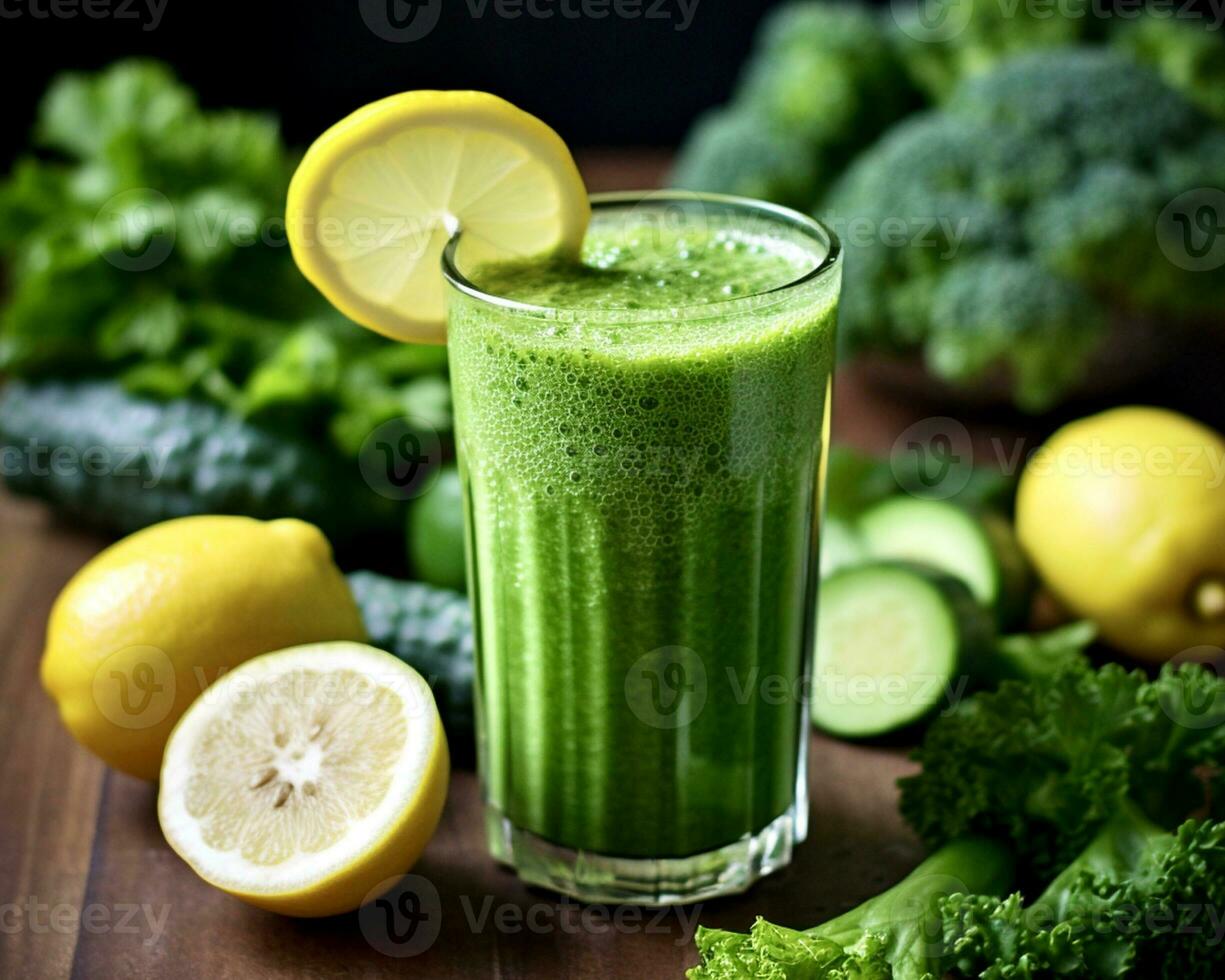 ai gerado em a mesa é uma vidro com uma verde coquetel do pepino, limão, espinafre e Vitamina c foto