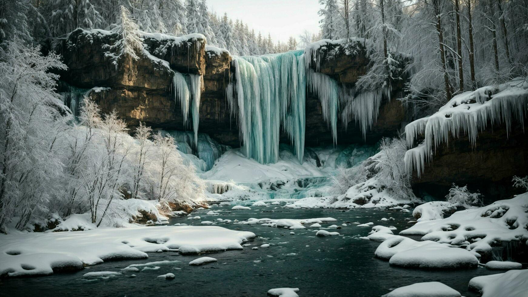 ai gerado característica uma inverno floresta pano de fundo com uma congeladas cascata Como a focal ponto. a combinação do gelo, neve, e a floresta cria uma deslumbrante e único inverno país das maravilhas. foto