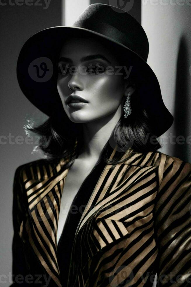 ai gerado deslumbrante lindo jovem mulher com Alto contraste sombra e elegante estilo foto