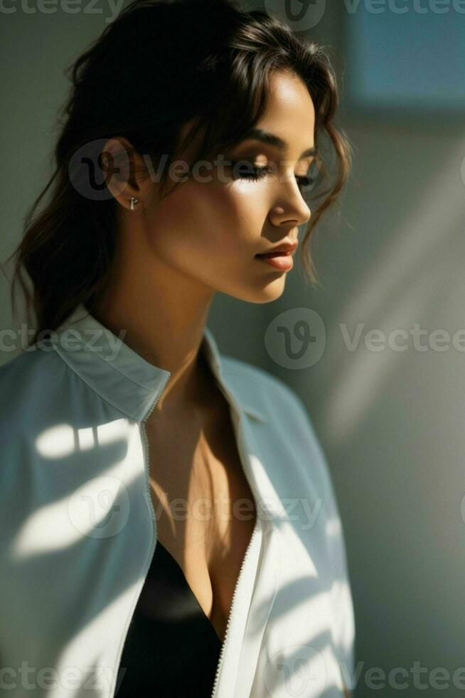 ai gerado deslumbrante lindo jovem mulher com Alto contraste sombra e elegante estilo foto