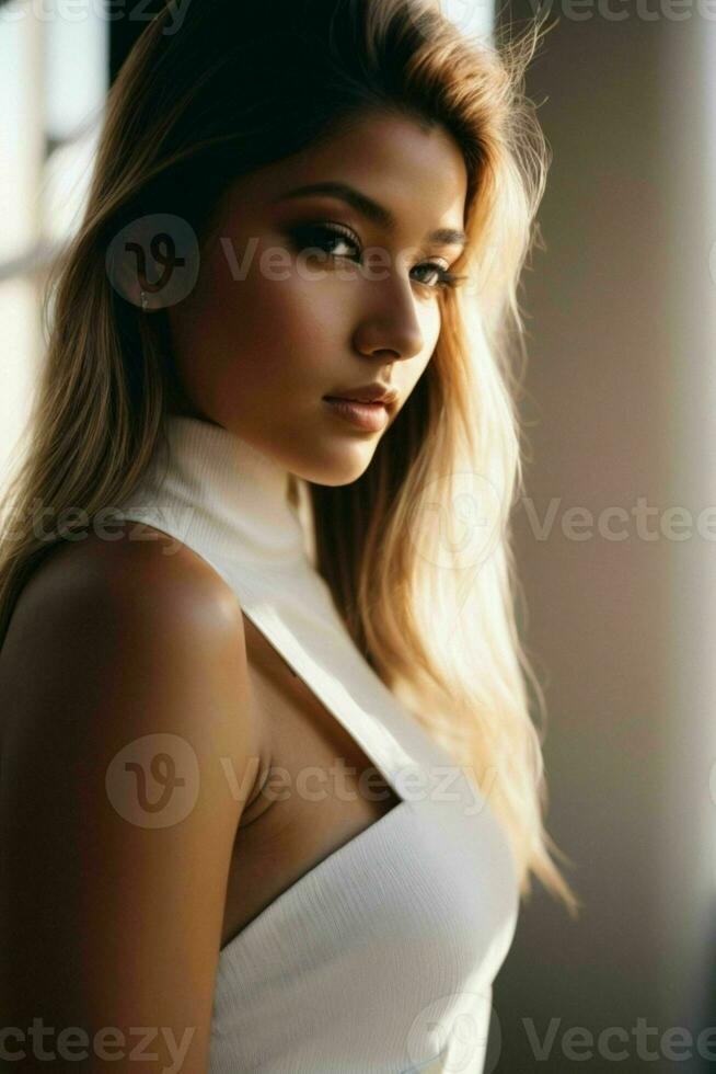 ai gerado deslumbrante lindo jovem mulher com Alto contraste sombra e elegante estilo foto