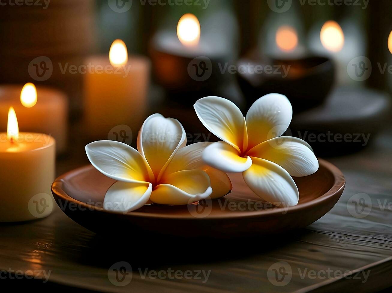 ai gerado fechar-se detalhado retrato do frangipani flores e velas foto