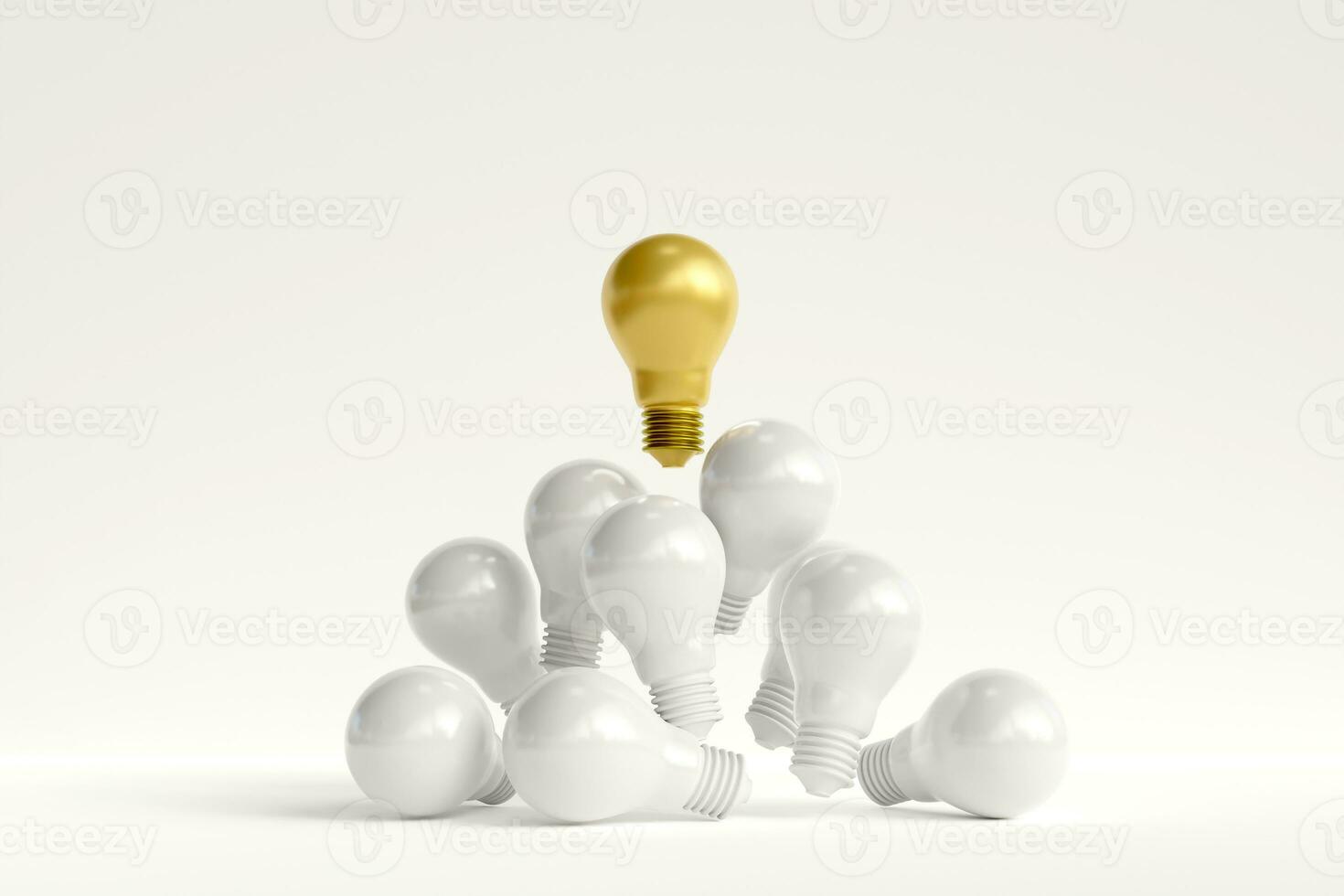 distintivo ouro luz lâmpada flutua acima a branco luz lâmpada. conceito do talentoso Liderança e excepcional Ideias, selecionado Boa Ideias, inovação e inspiração. foto