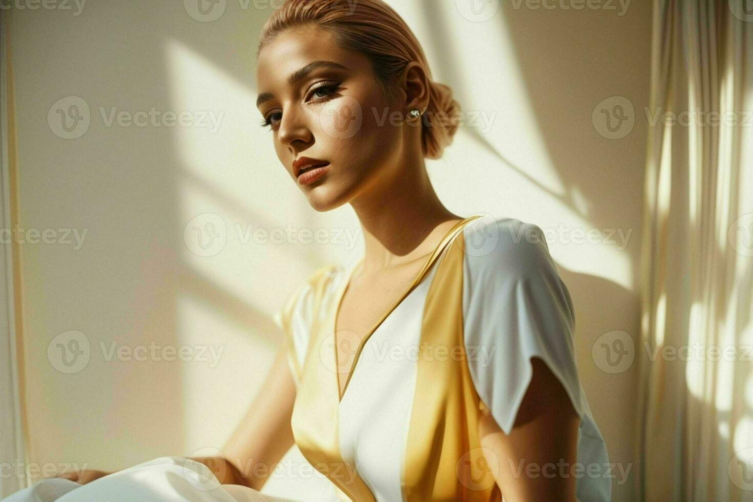 ai gerado deslumbrante lindo jovem mulher com Alto contraste sombra e elegante estilo foto