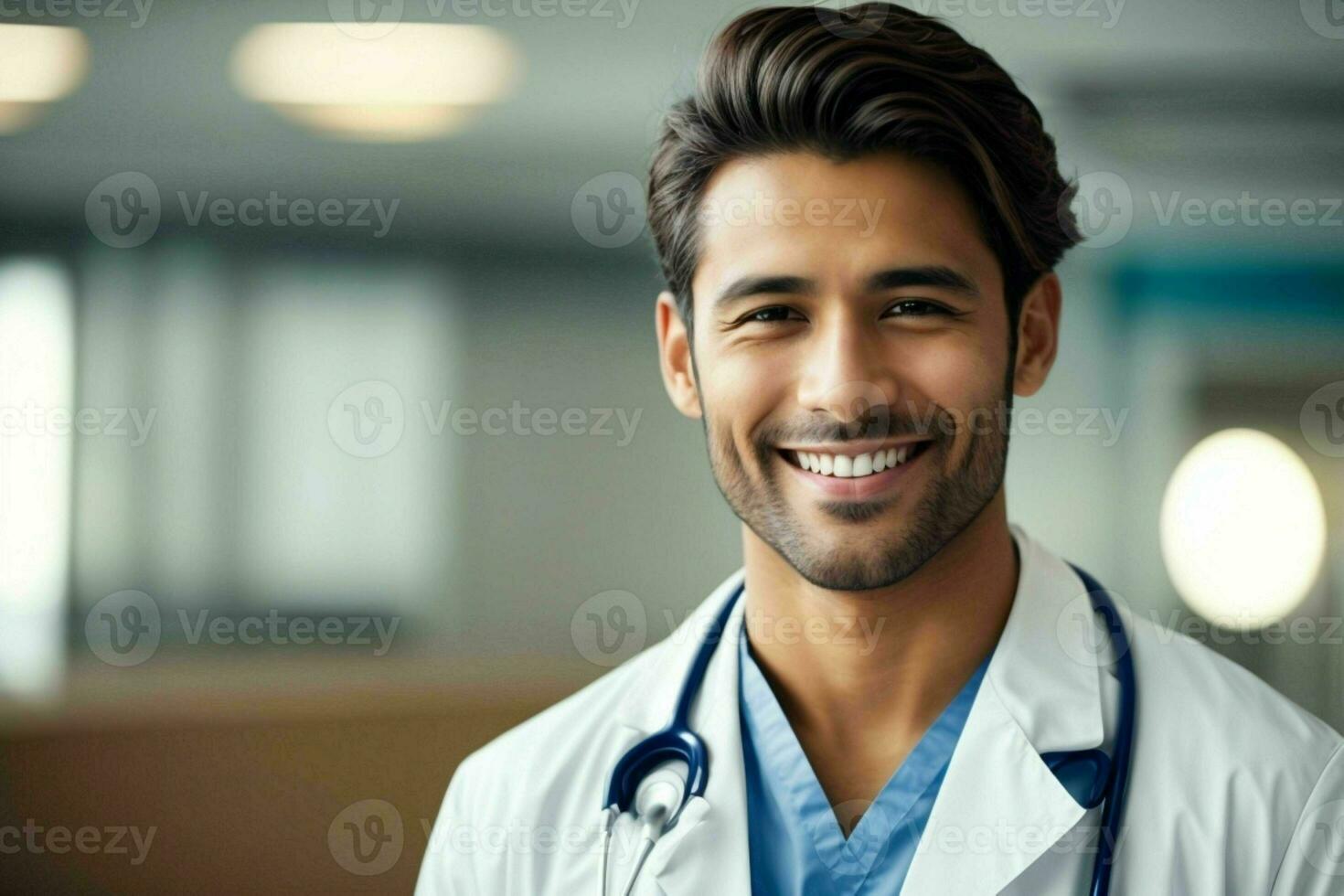 ai gerado sorridente jovem masculino médico dentro uma branco casaco, uma estetoscópio às uma hospital. pró foto