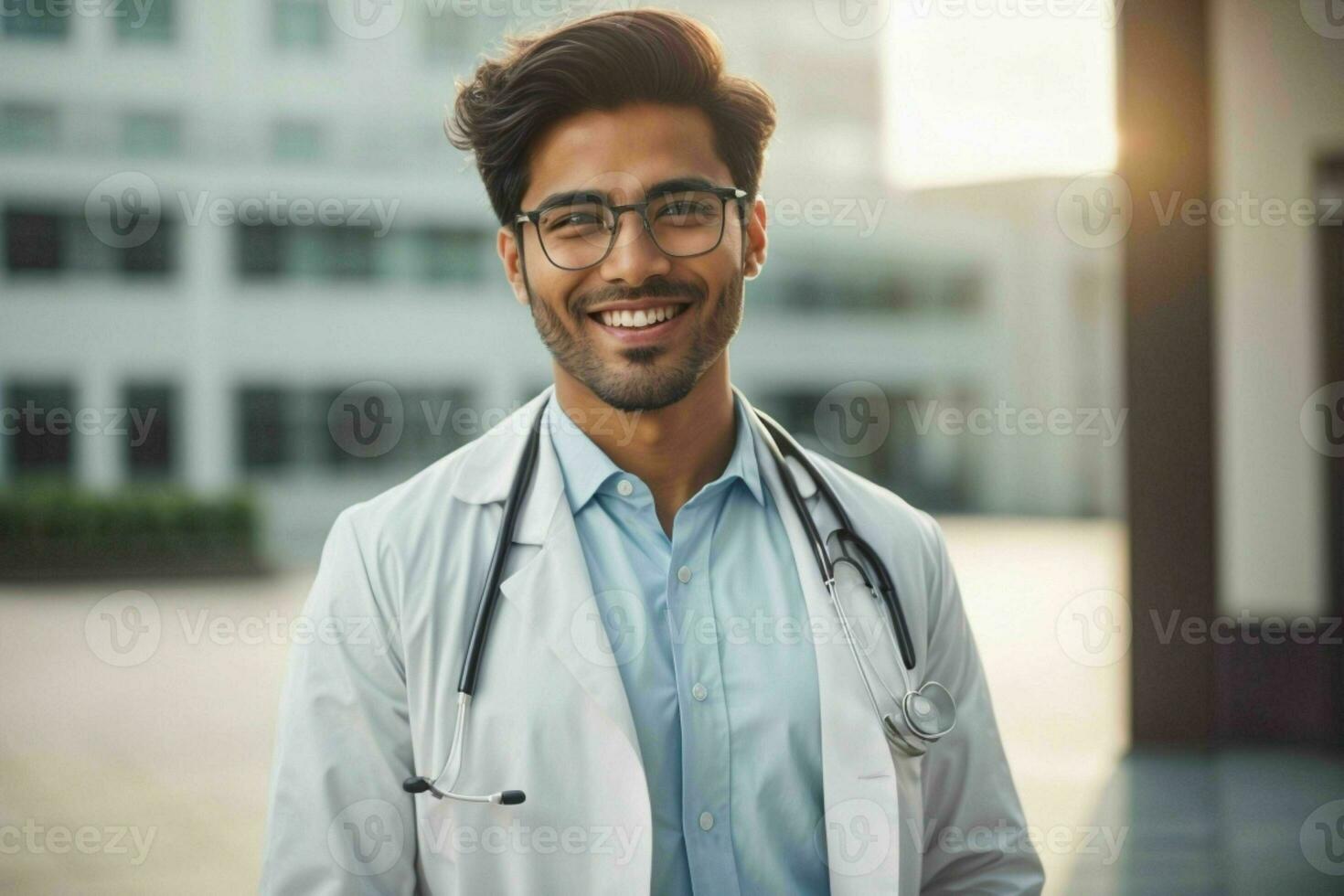 ai gerado sorridente jovem masculino médico dentro uma branco casaco, uma estetoscópio às uma hospital. pró foto