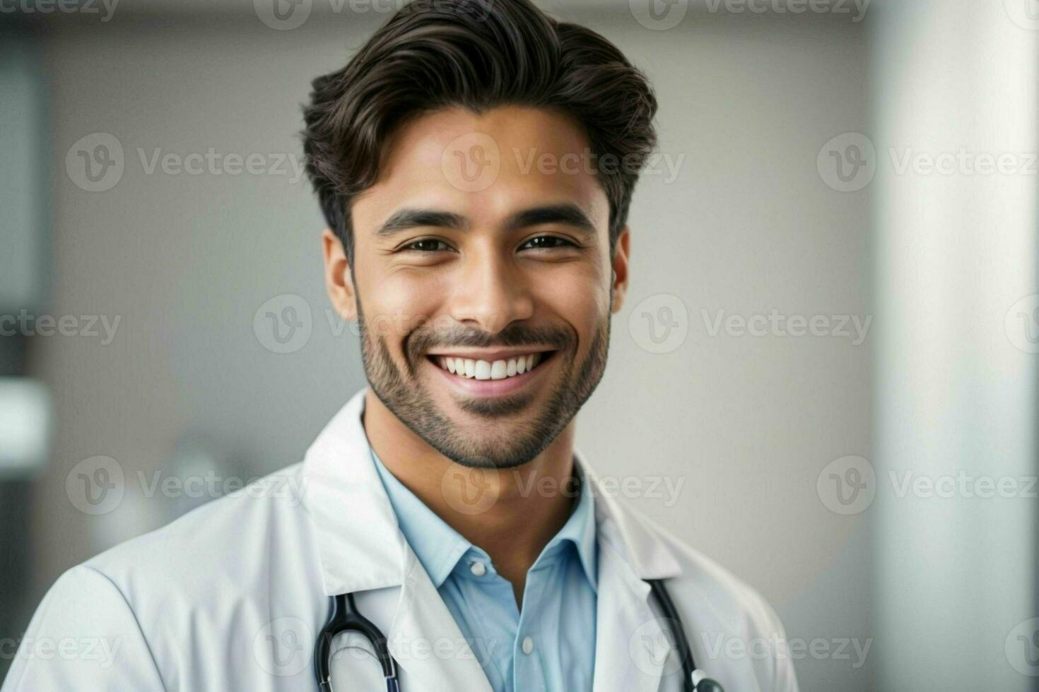 ai gerado sorridente jovem masculino médico dentro uma branco casaco, uma estetoscópio às uma hospital. pró foto