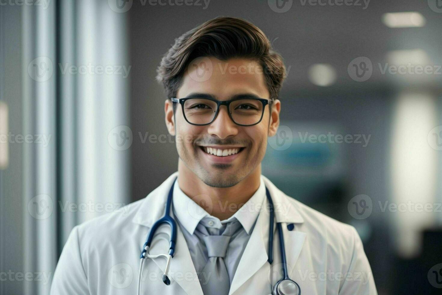 ai gerado sorridente jovem masculino médico dentro uma branco casaco, uma estetoscópio às uma hospital. pró foto