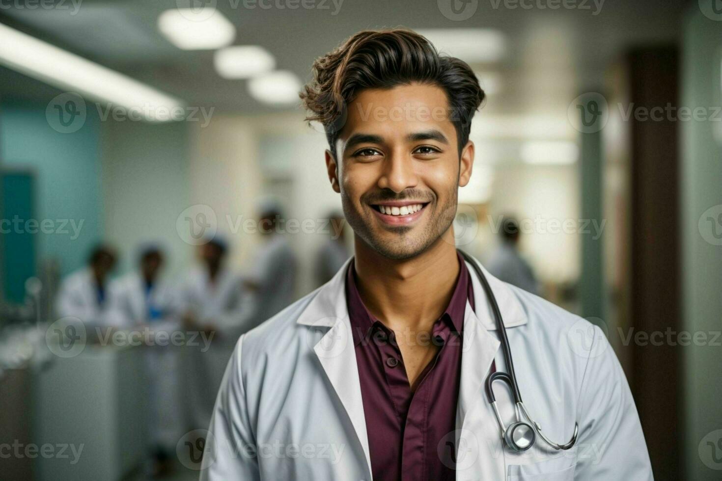 ai gerado sorridente jovem masculino médico dentro uma branco casaco, uma estetoscópio às uma hospital. pró foto