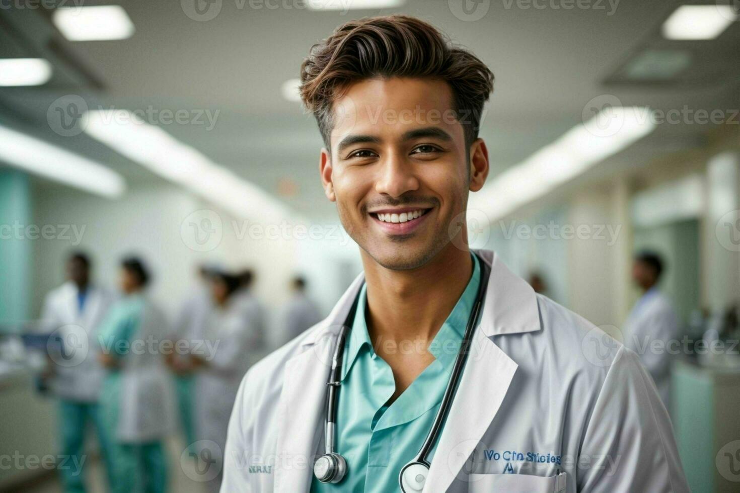 ai gerado sorridente jovem masculino médico dentro uma branco casaco, uma estetoscópio às uma hospital. pró foto