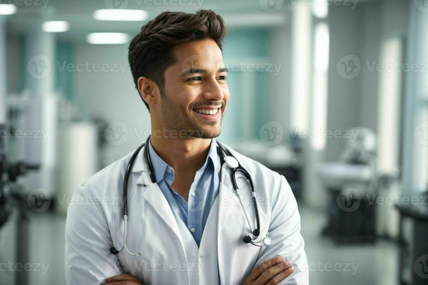 ai gerado sorridente jovem masculino médico dentro uma branco casaco, uma estetoscópio às uma hospital. pró foto