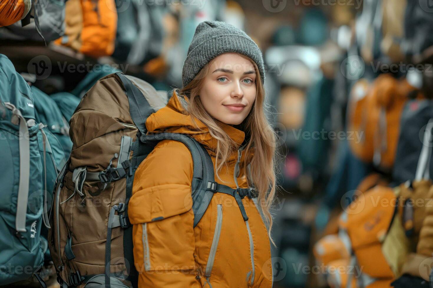 ai gerado menina escolhe mochila dentro uma fazer compras foto