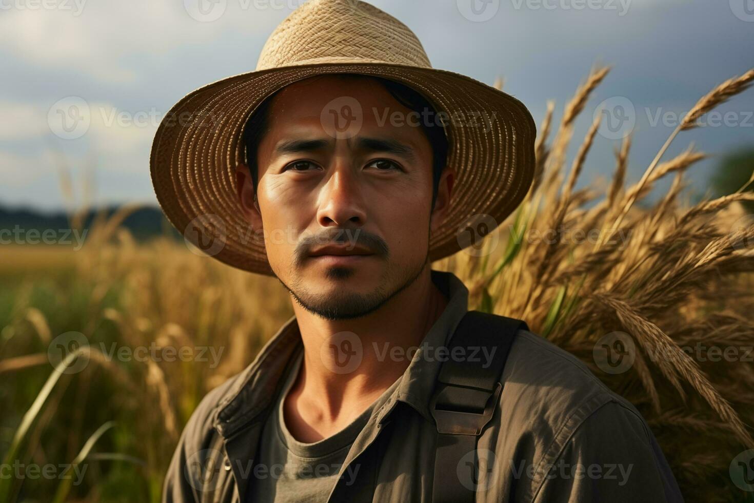 ai gerado rural ásia jovem homem contra a fundo do uma cereal campo foto