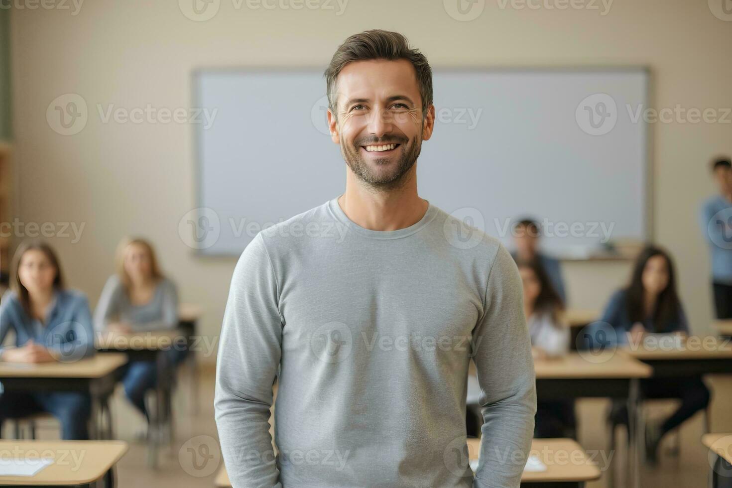 ai gerado uma bonito masculino professor sorrisos dentro Sala de aula com alunos foto