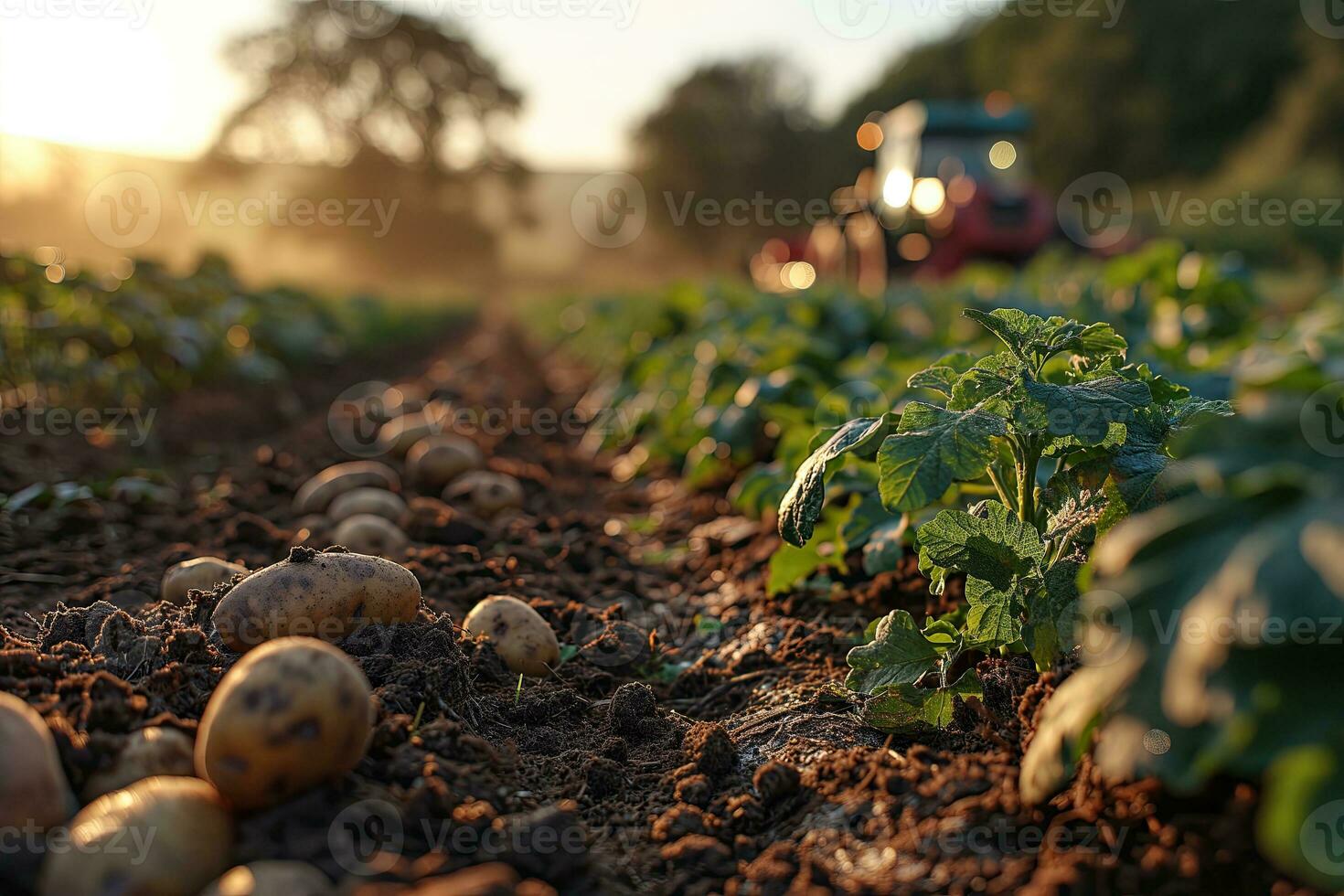 ai gerado cavado acima batata tubérculos dentro uma campo depois de a passagem do uma batata escavador foto