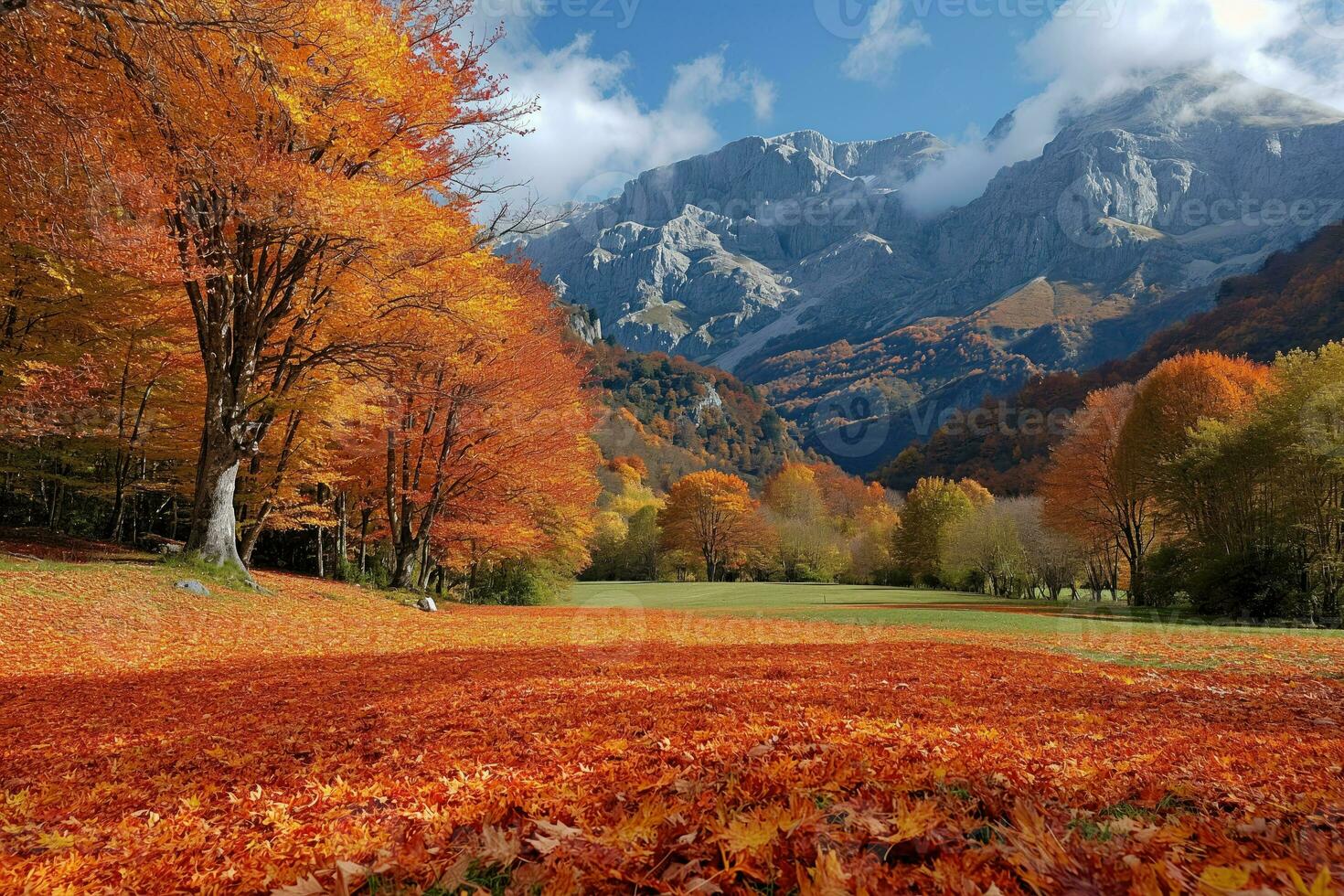 ai gerado outono natural panorama com vermelho folhagem e montanhas foto