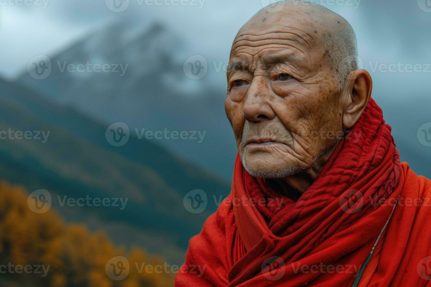 ai gerado retrato do a idosos budista monge foto