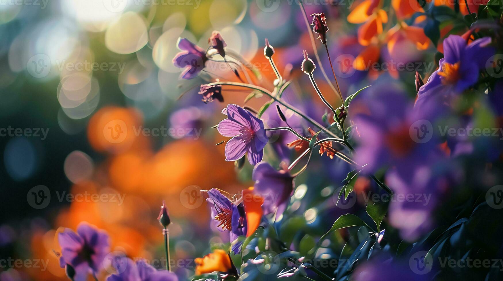 ai gerado uma embaçado foto do roxa e laranja flores