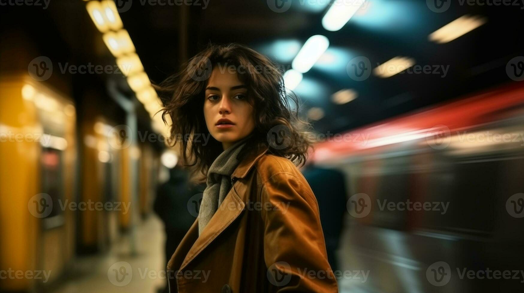 ai gerado uma mulher em pé dentro metrô estação às noite foto