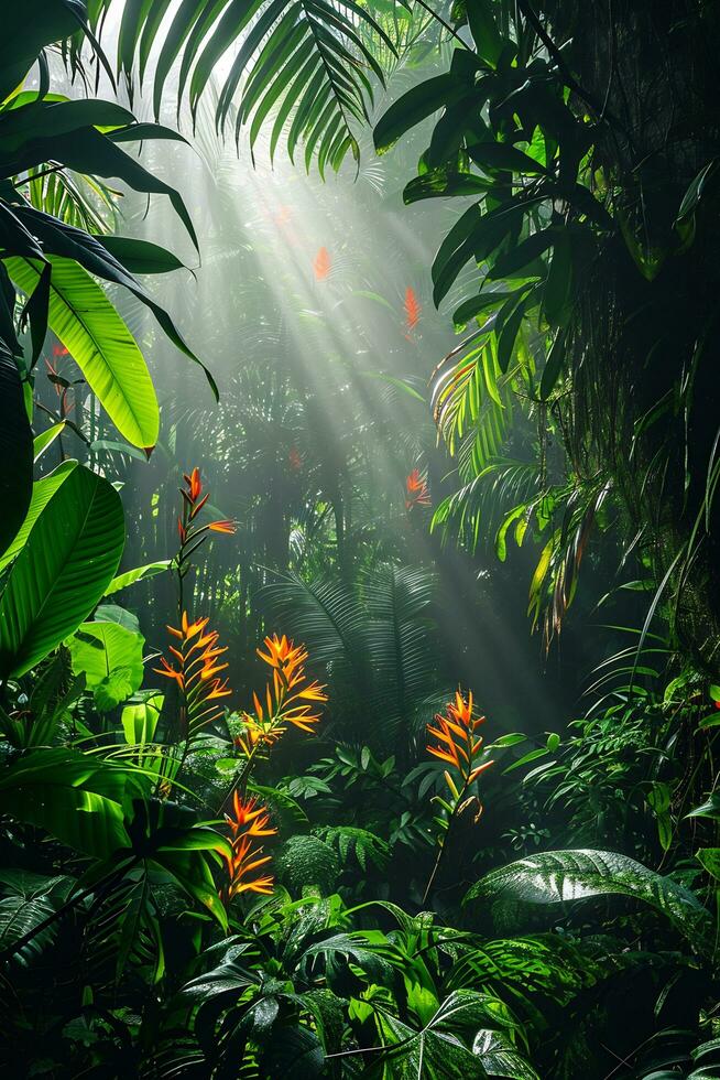 ai gerado fotografia capturando a vibrante biodiversidade do uma tropical floresta tropical foto