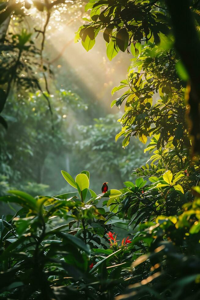 ai gerado fotografia capturando a vibrante biodiversidade do uma tropical floresta tropical foto