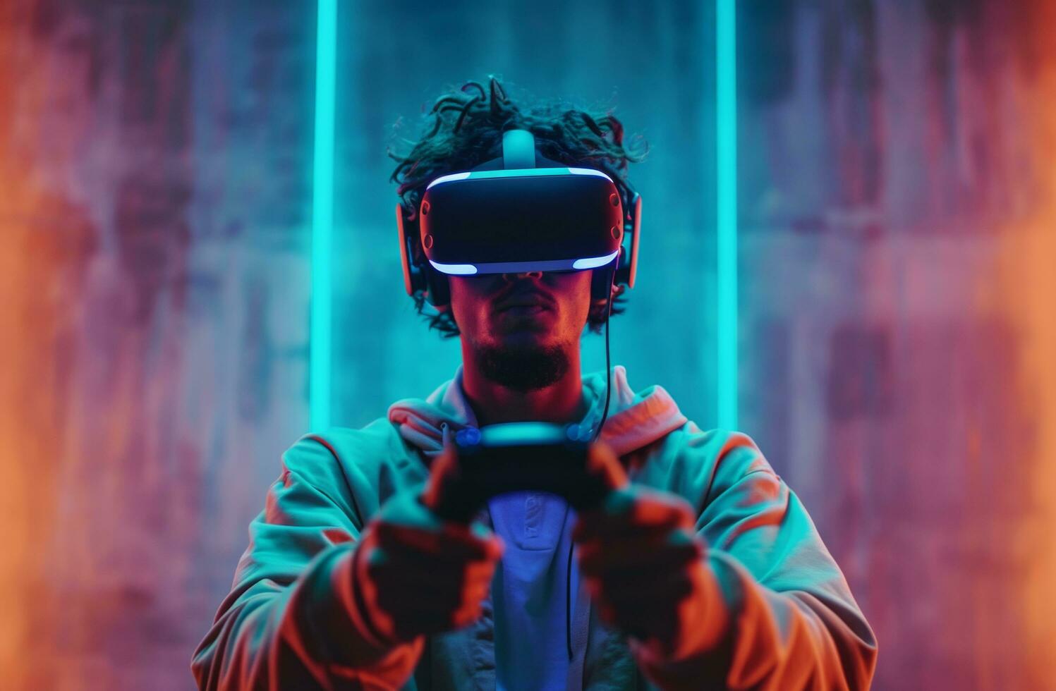 ai gerado uma homem é jogando uma vídeo jogos e segurando virtual realidade óculos foto