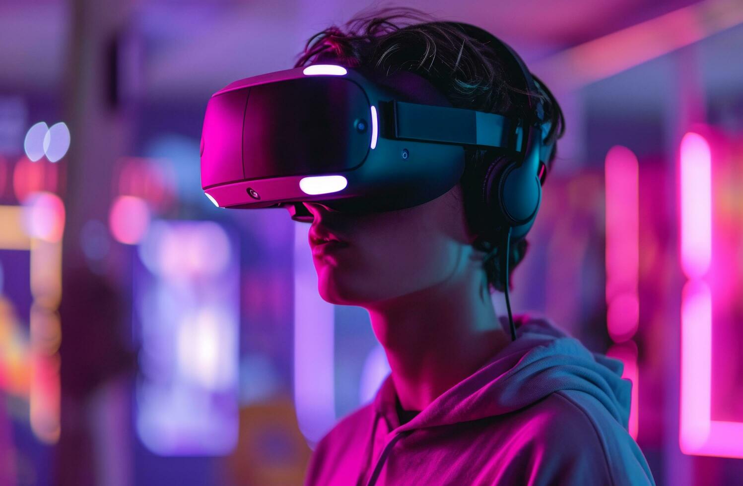 ai gerado uma jovem homem com uma vr fone de ouvido vestindo uma vídeo jogos controlador foto