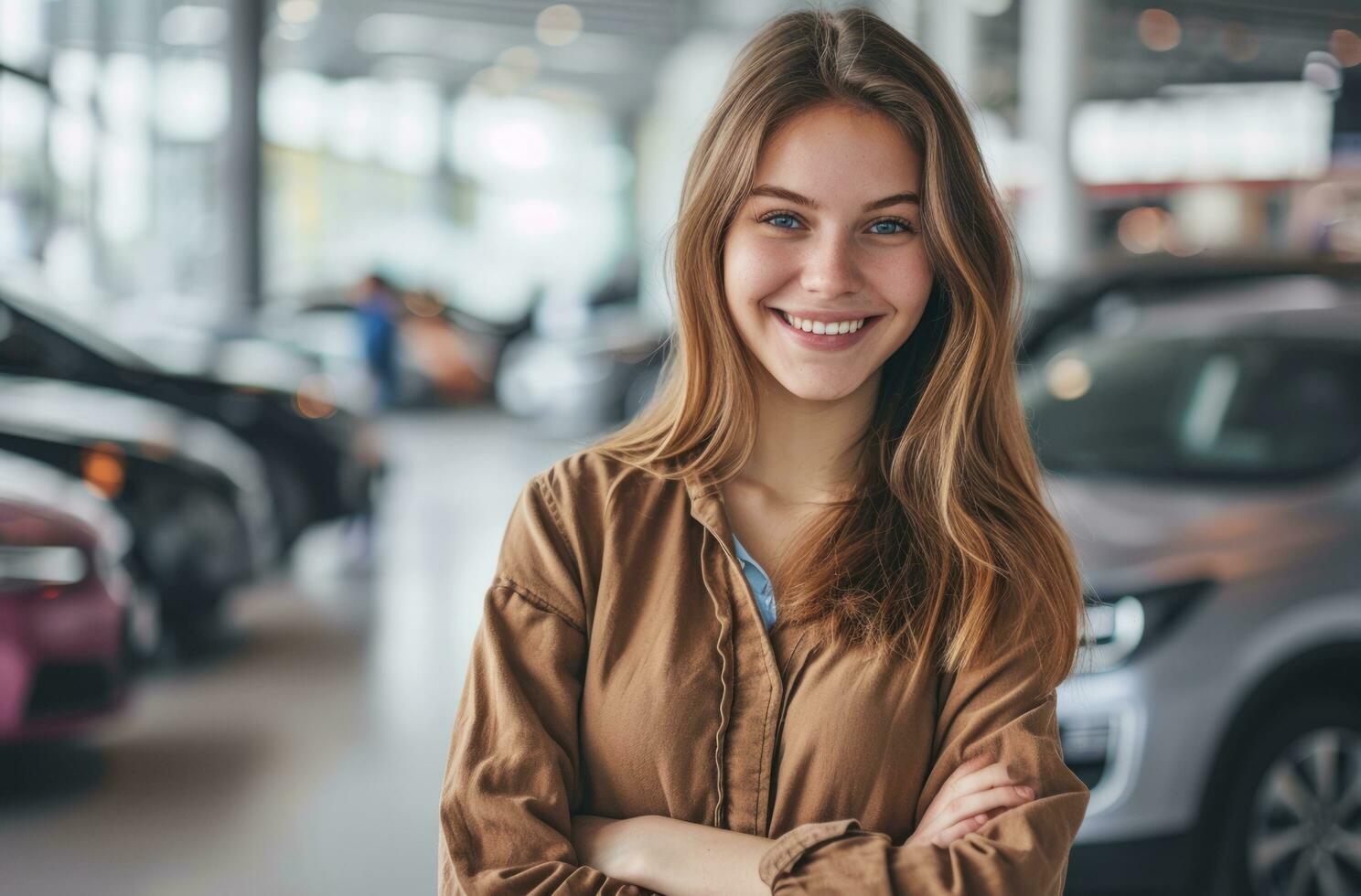 ai gerado menina sorridente dentro a frente do carro sala de exposições foto