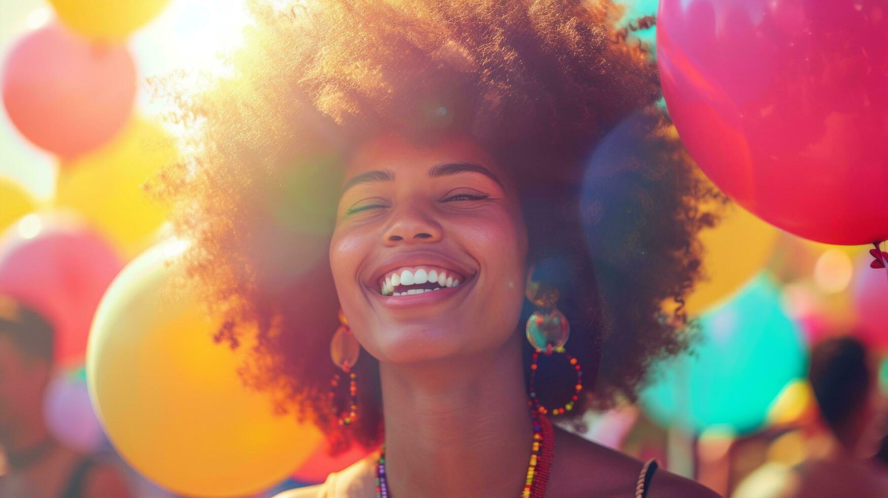 ai gerado menina com afro rindo dentro frente do colorida balões e pessoas às uma festival foto