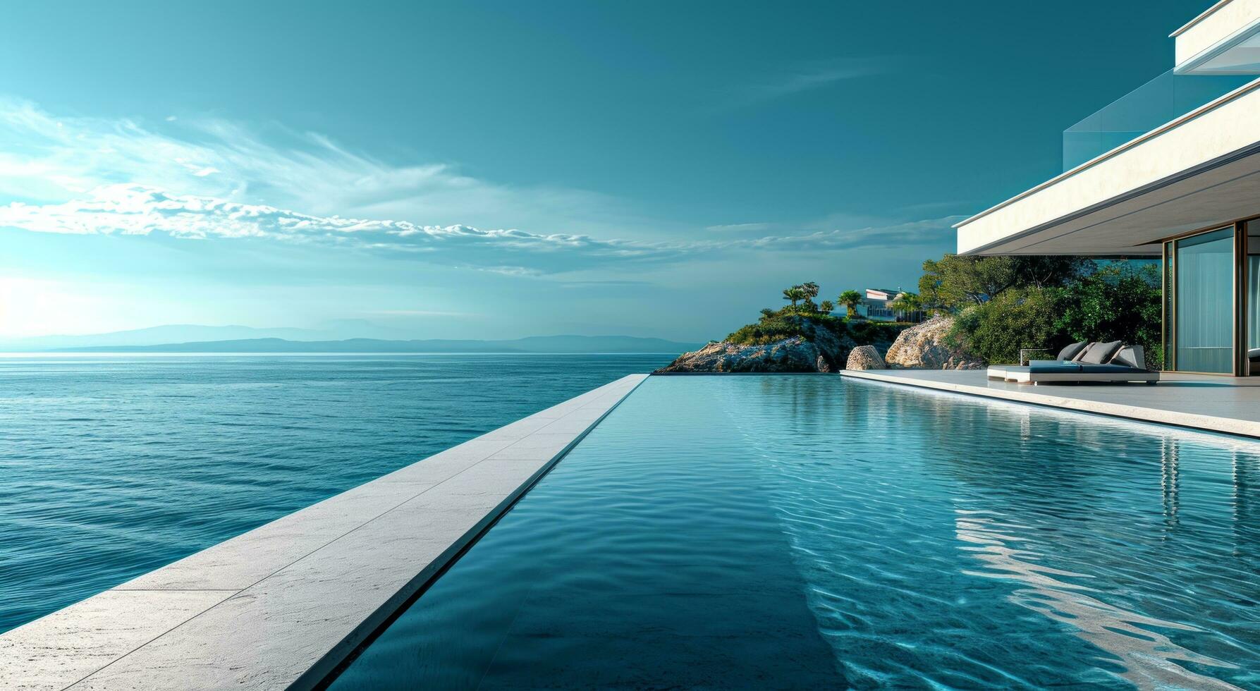 ai gerado uma enorme natação piscina e de praia em uma terraço do uma casa foto