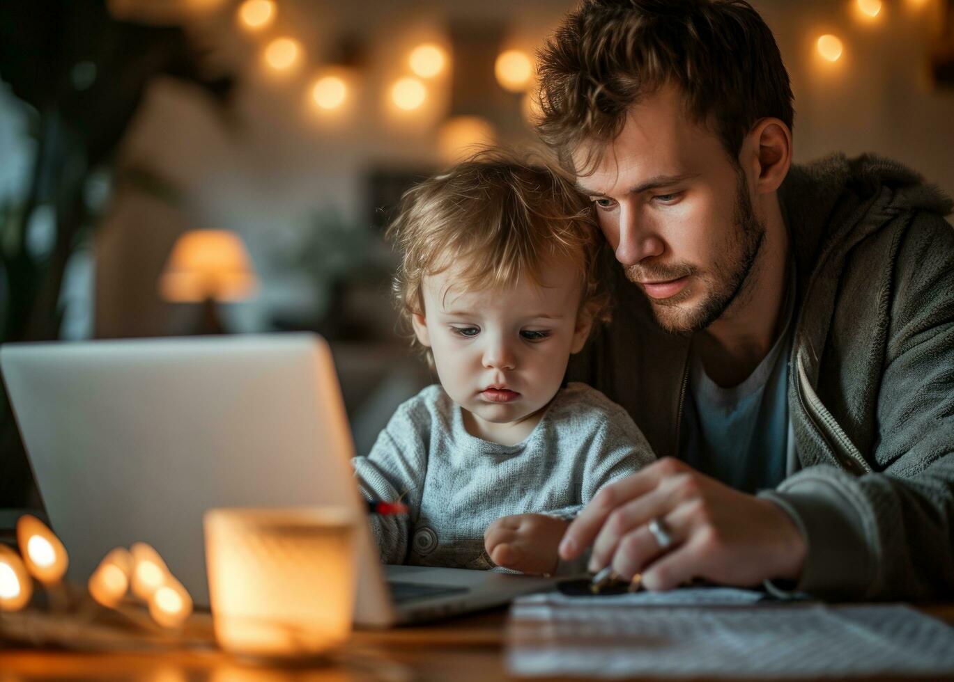 ai gerado pai e criança pequena escrevendo em uma computador portátil às casa foto