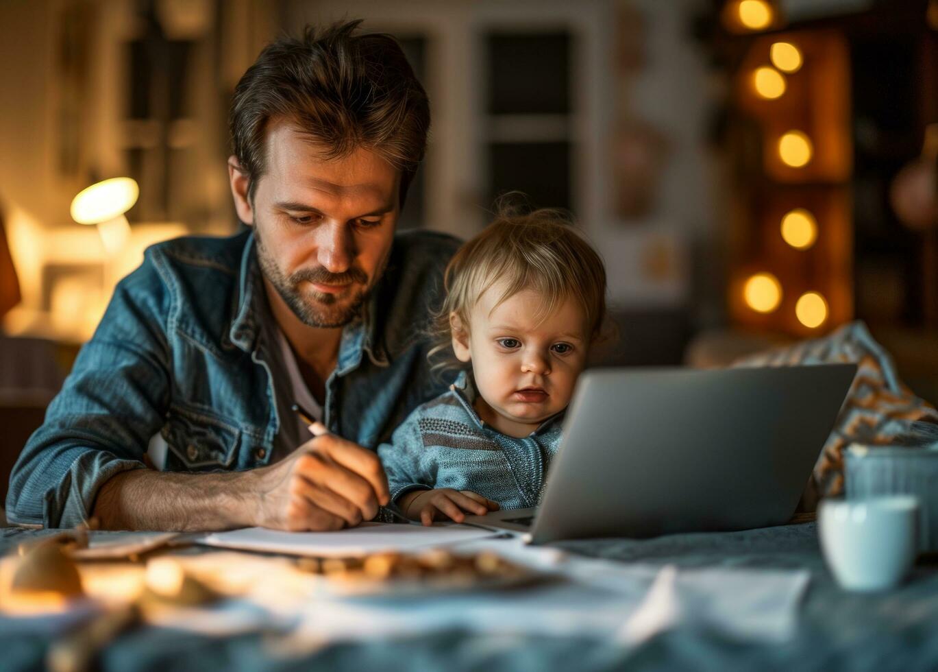 ai gerado pai e criança pequena escrevendo em uma computador portátil às casa foto