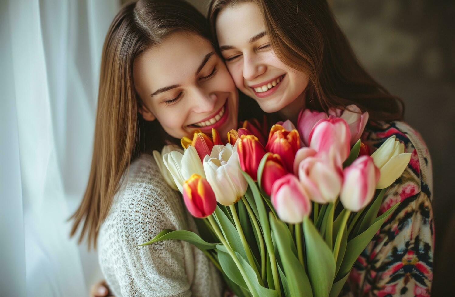 ai gerado amoroso mães com apresenta com tulipas e ramalhete foto