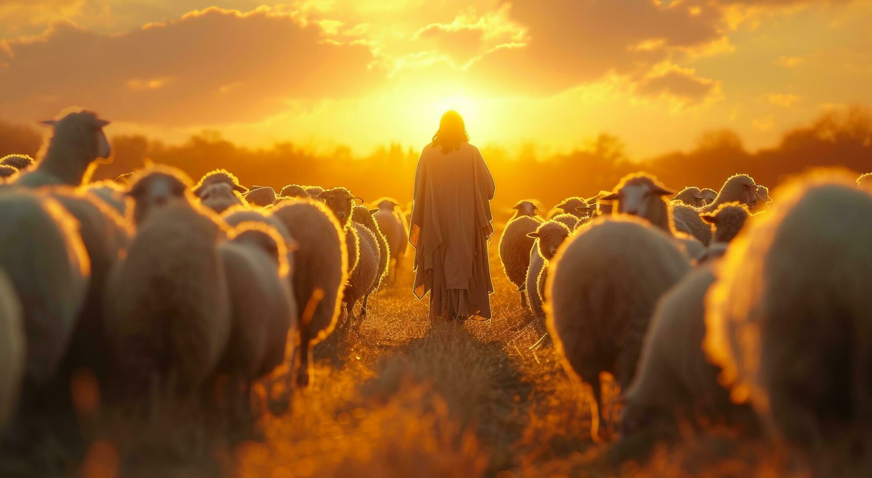 ai gerado Jesus é em pé dentro a meio do ovelha foto