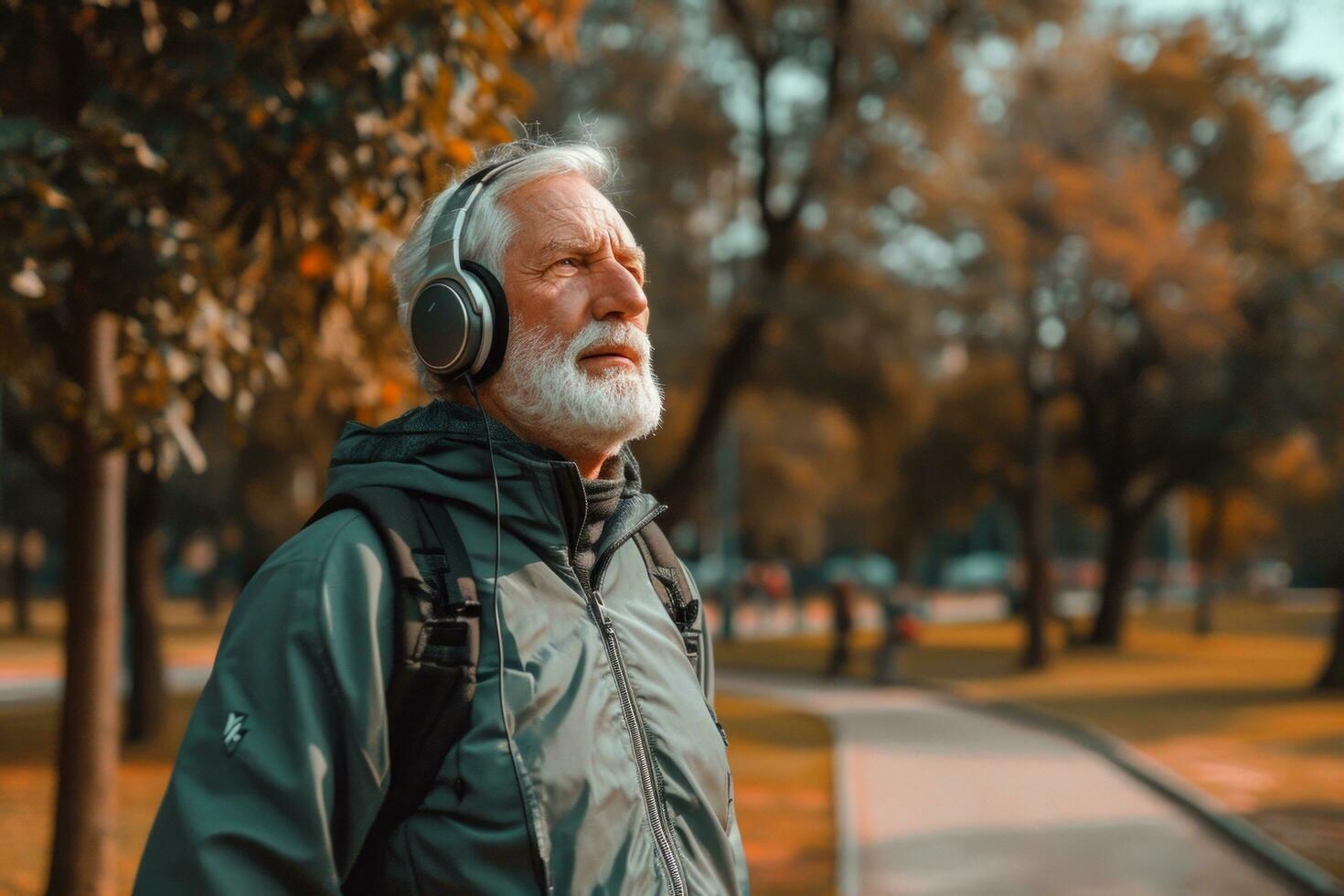 ai gerado Mais velho homem alongamento dele corpo dentro a parque com fones de ouvido dentro foto