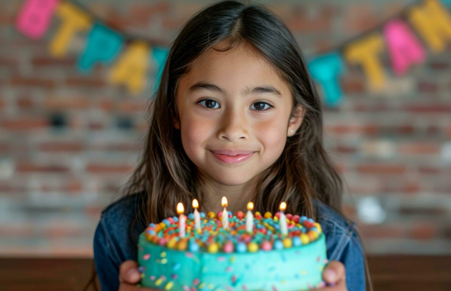 ai gerado uma jovem menina detém uma aniversário bolo e posando foto