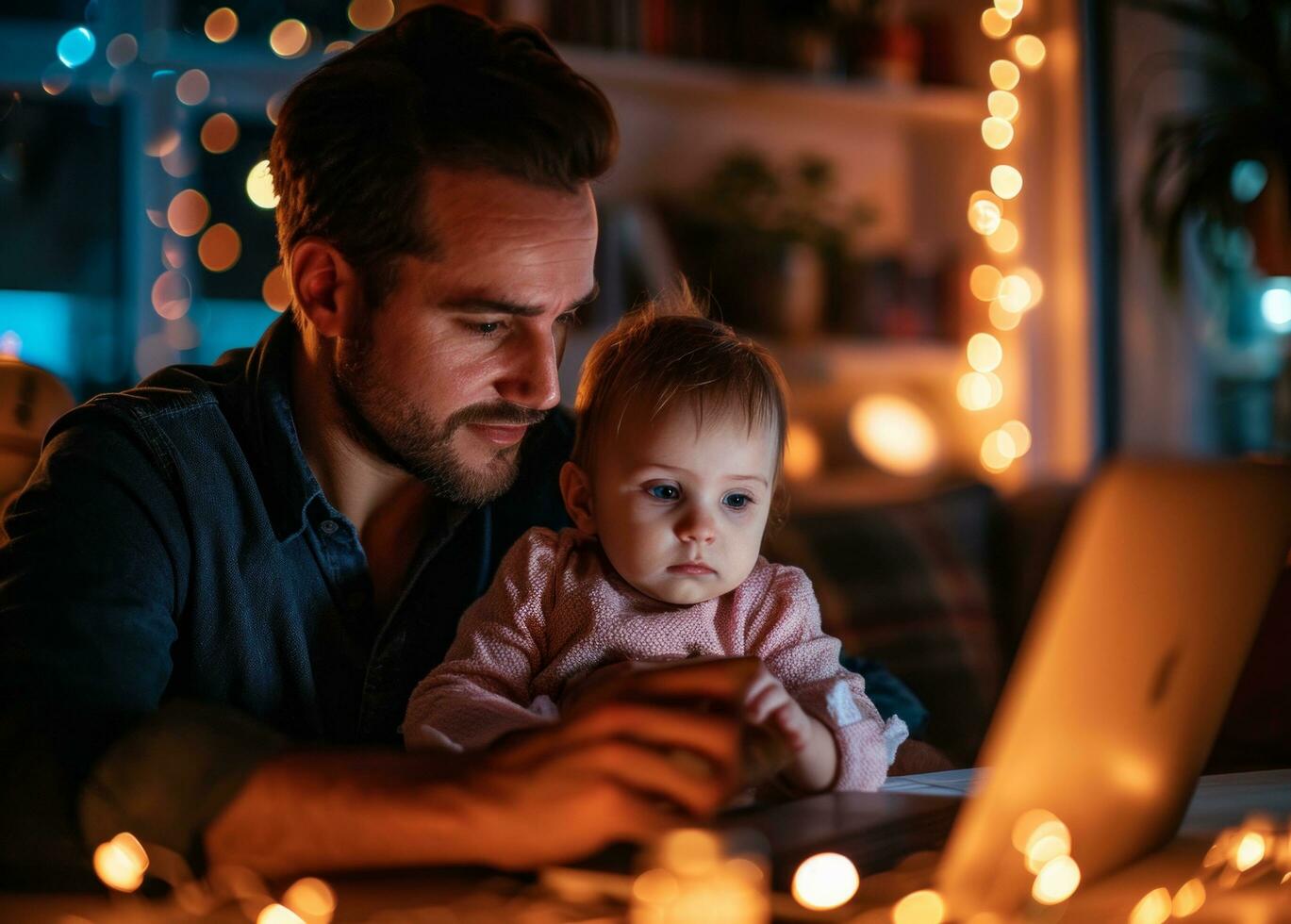 ai gerado Papai e bebê trabalhando atrasado às noite foto