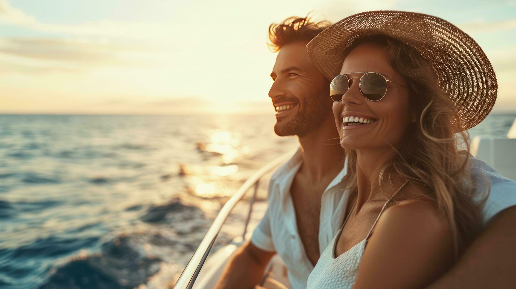 ai gerado lindo casal passeios em uma barco ao longo a rio foto