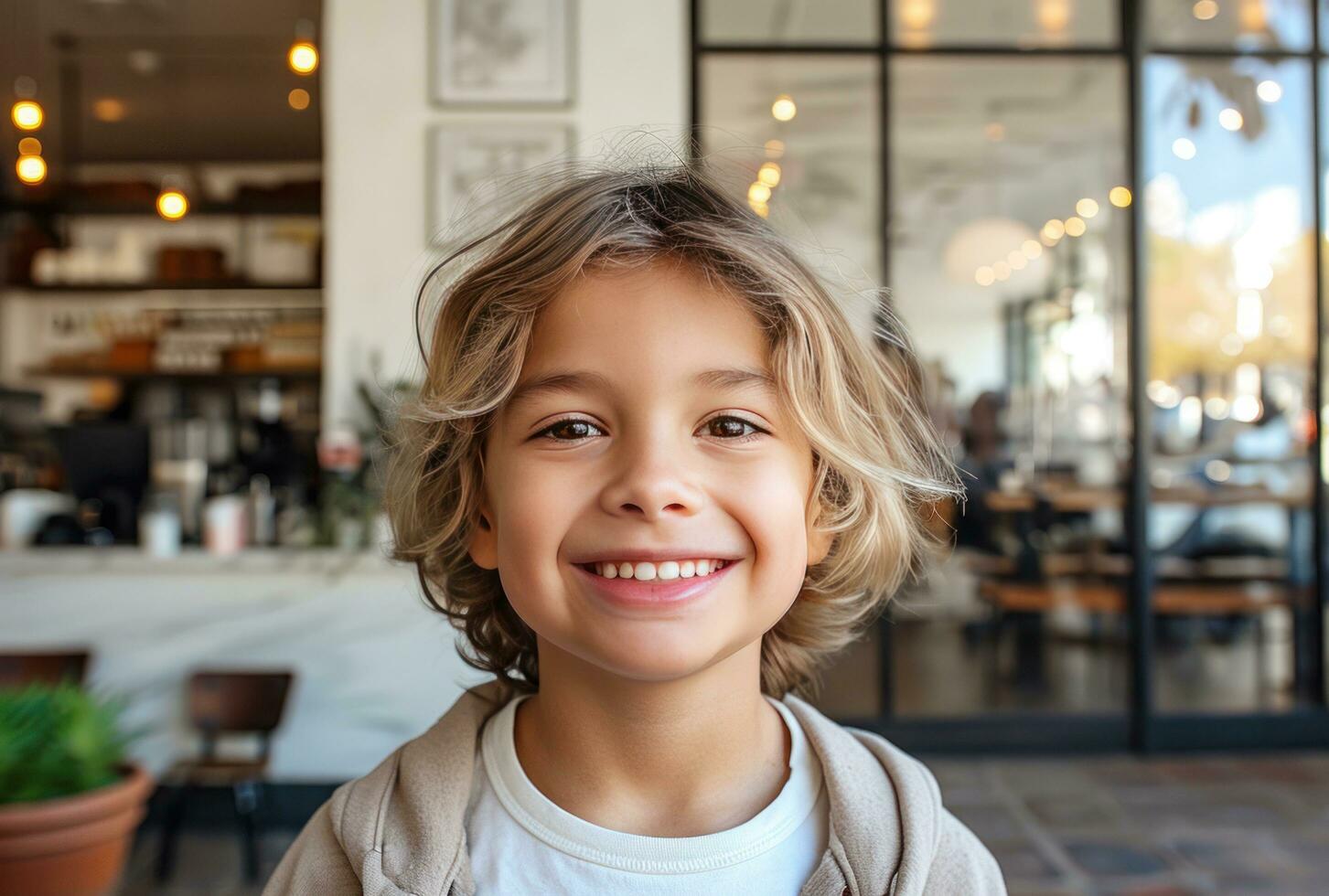 ai gerado isto é uma jovem Garoto sorridente dentro frente do uma café fazer compras foto