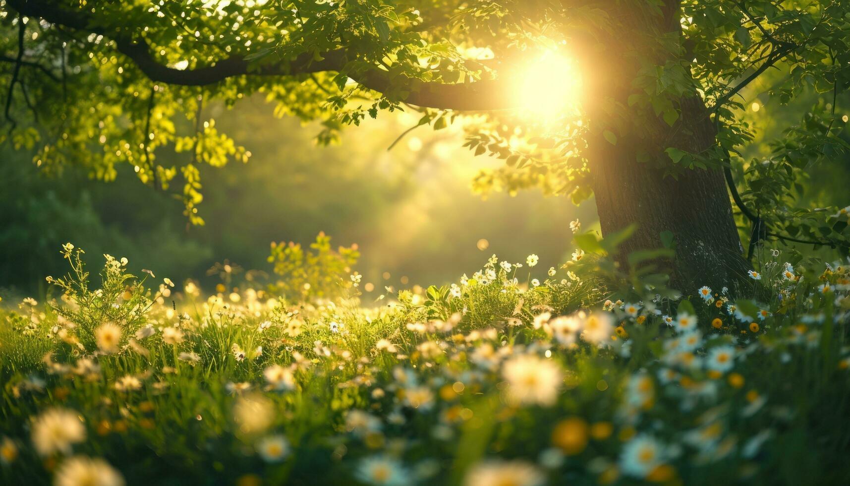 ai gerado uma ensolarado Primavera dia com flores e árvores foto