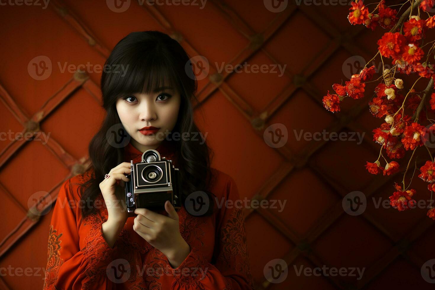 ai gerado retrato do lindo mulher fotógrafo fazer rua foto com Câmera dentro dela mãos