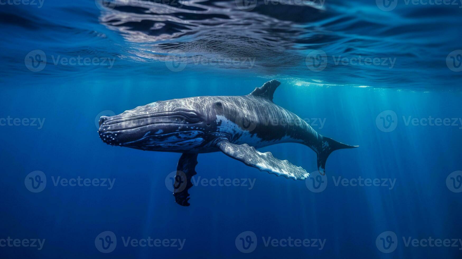 ai gerado uma majestoso corcunda baleia natação debaixo a do oceano superfície, iluminado de raios do luz solar foto