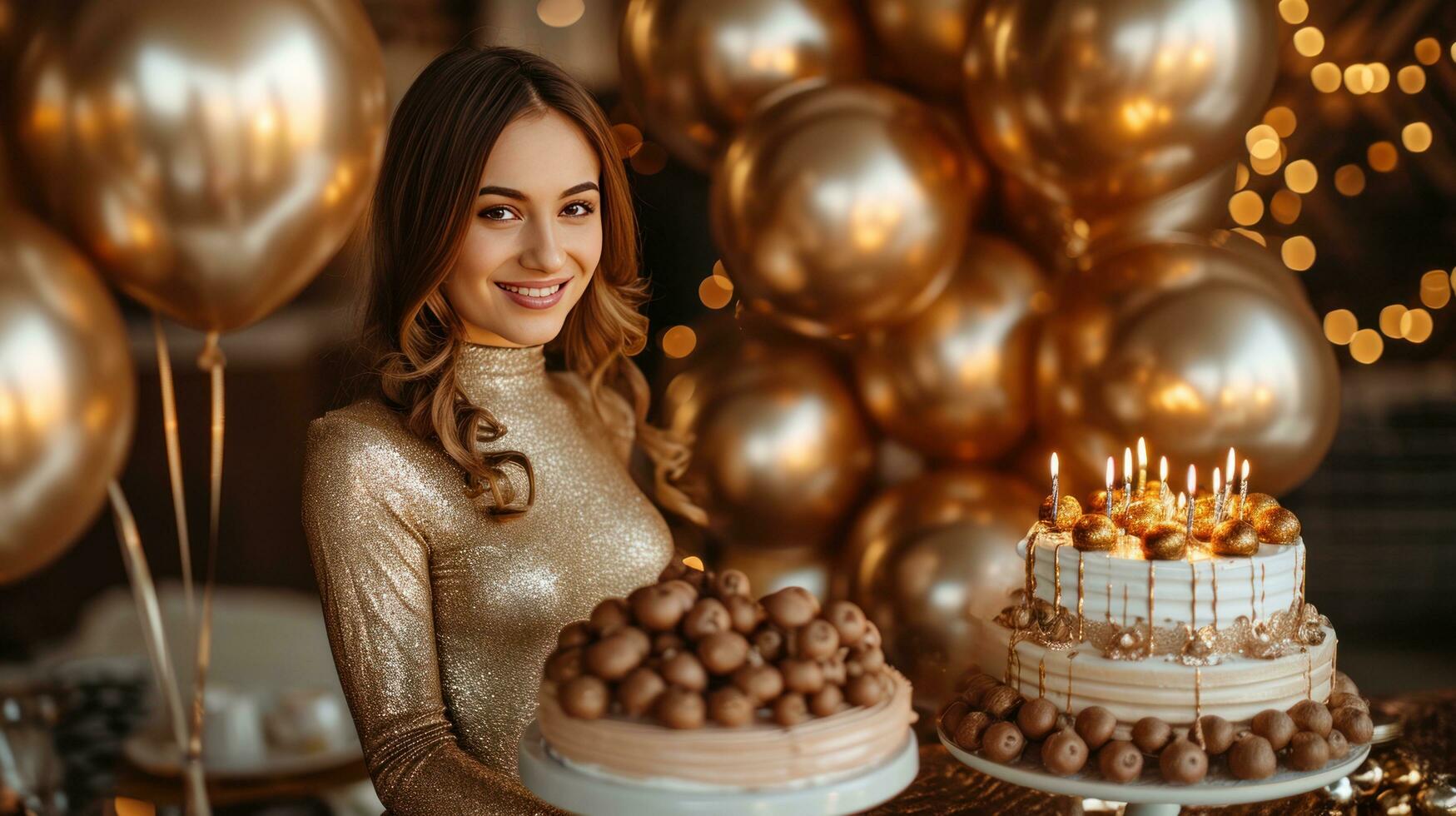 ai gerado uma toque do dourado glamour com balões, velas, e decorações para uma sofisticado aniversário caso foto