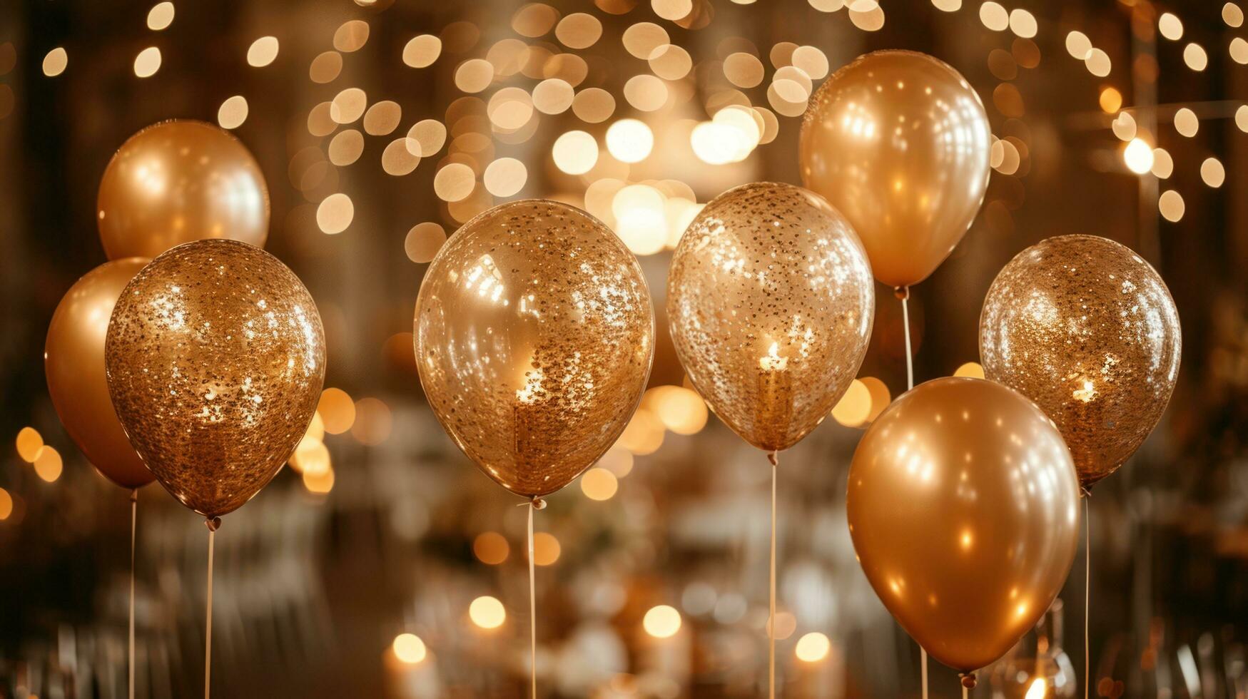 ai gerado uma toque do dourado glamour com balões, velas, e decorações para uma sofisticado aniversário caso foto