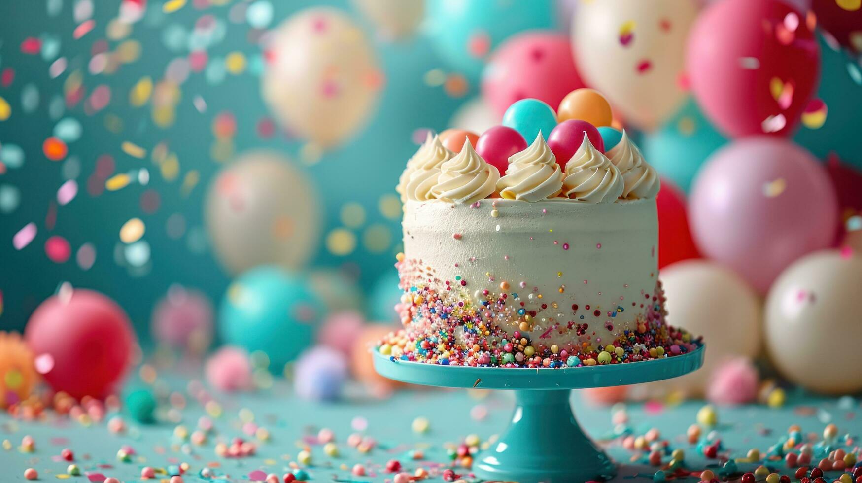ai gerado balões, confete, e uma delicioso bolo conjunto a aniversário celebração etapa foto