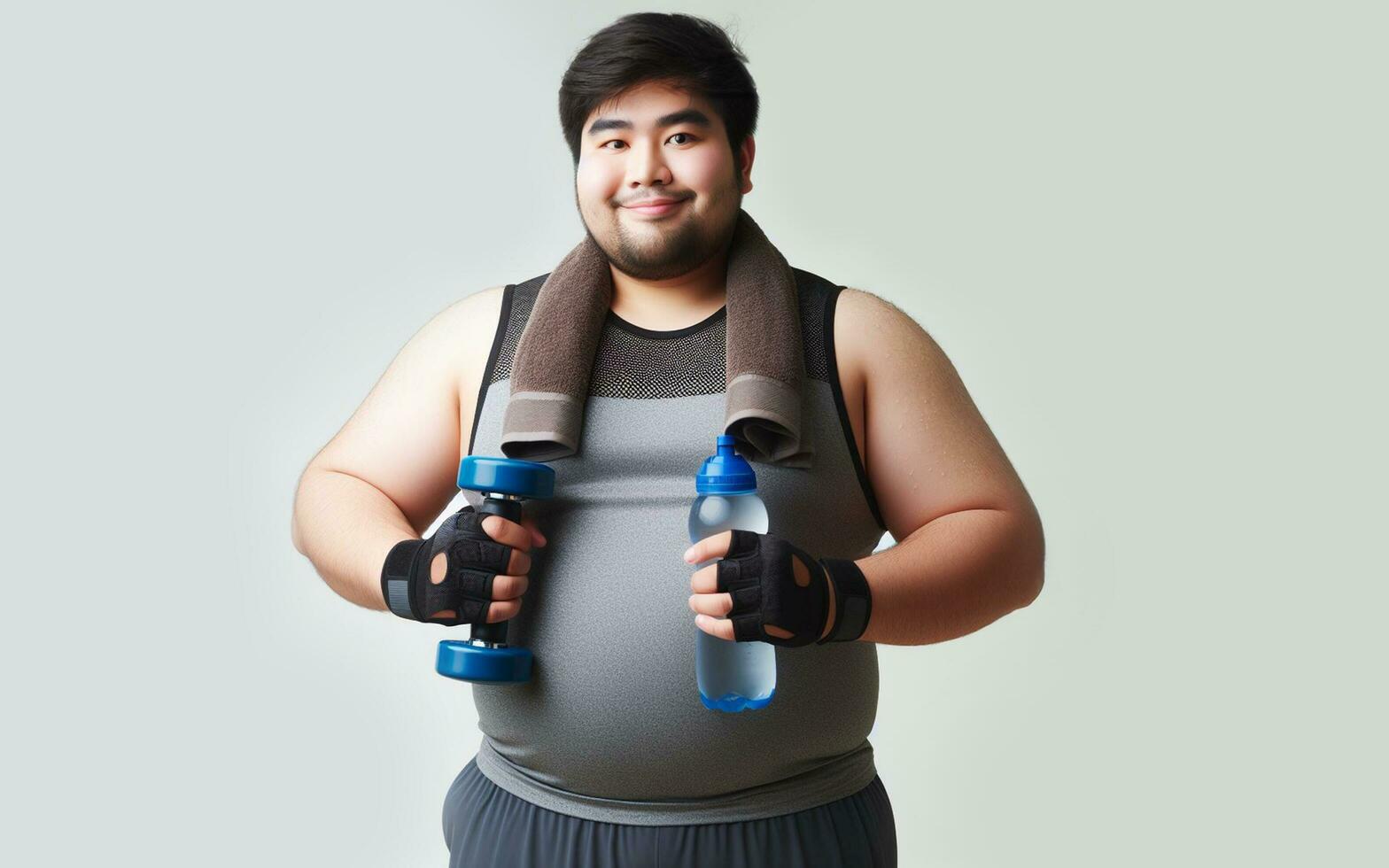 ai gerado gordo homem exercício pessoas pesagem 100 quilogramas entrar a ginástica Centro, branco fundo foto