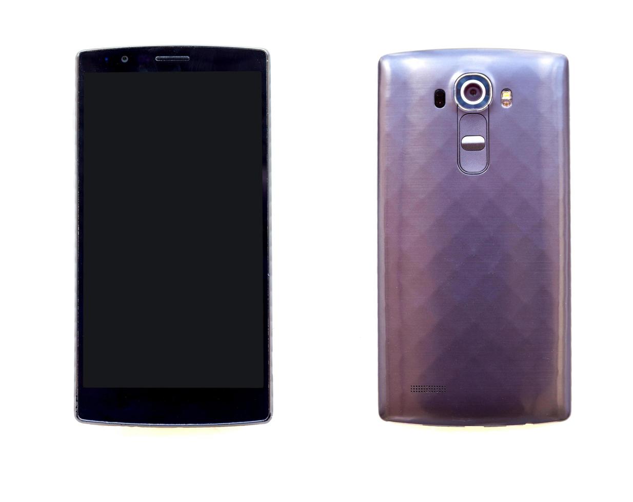 vista frontal e traseira do smartphone moderno isolada no fundo branco foto
